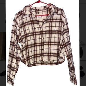 NWT American Eagle Outfitters Brown & Cream Plaid Cropped Flannel Shirt